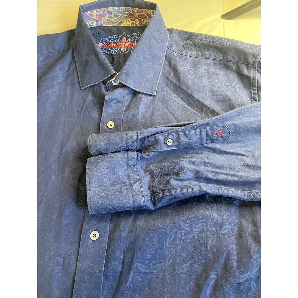 Men's Robert Graham‎ Navy Designed Flip Cuff Long Sleeve Dress Shirt-Size 2XL